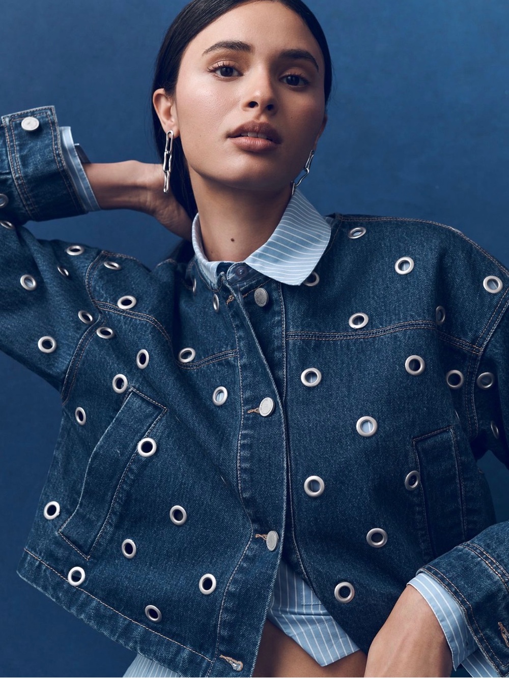 Anthropologie Blank NYC Collarless Cropped Denim Grommet Detail Jacket
